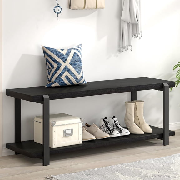 Industrial Entryway Bench with Storage, Rustic Wood and Metal Shoe Rack Bench Seat, 47 Inch