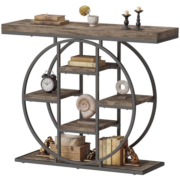 Industrial Entryway Console Table with 6 Open Storage Shelves, Rustic Oak & Round Black Metal Frame, Anti-Tip Kit Adjustable Feet Sofa Table for Hallway Living Room