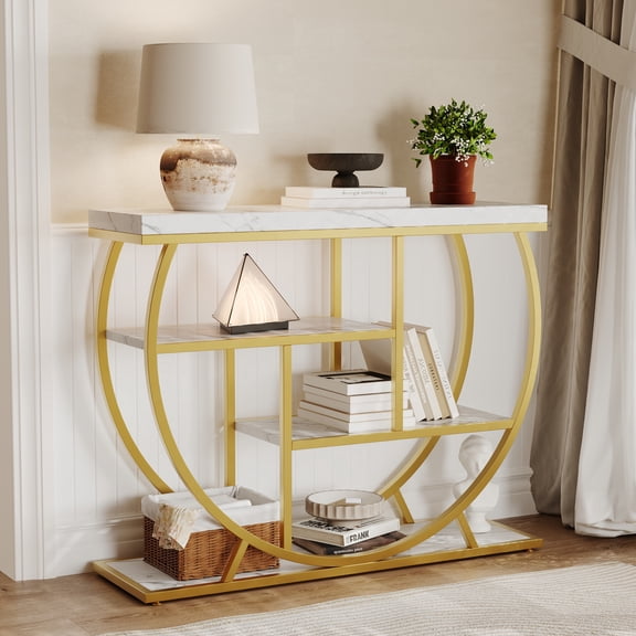 Industrial Entryway Table, 4-Tier Narrow Console with Storage Shelves & Half-Circle Base, Space-Saving Table Behind Sofa for Living Room or Foyer