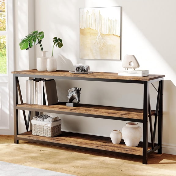 Industrial Entryway Table, 47" Narrow Long Console Table with Storage, 3 Tier Wood Console Table for Living Room, Farmhouse Sofa Tables Behind Couch, Hallway Table for Foyer-Grey