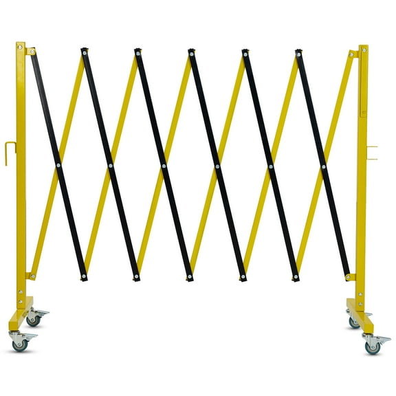 Industrial Expandable MetalBarri-cade11.8 FT Portable Safety Barrier with a Warning Board and Casters, Retractable Traffic Fence Mobile Safety Barrier Folding Security Gate Yellow Black