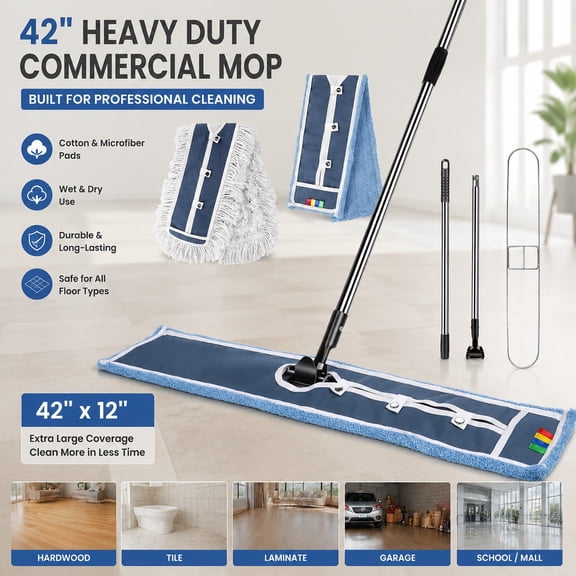 Industrial Extra Large Floor Mop with Microfiber & Cotton Pad, Heavy Duty Flat Commercial Dust Mop for Office Garage Mall Hotel Home Cleaning