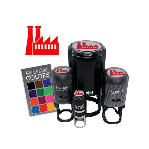 Industrial Factory Manufacturing Building Symbol Self-Inking Rubber Stamp Ink Stamper for Stamping Crafting Planners - 1/2 Inch Mini - Green Ink