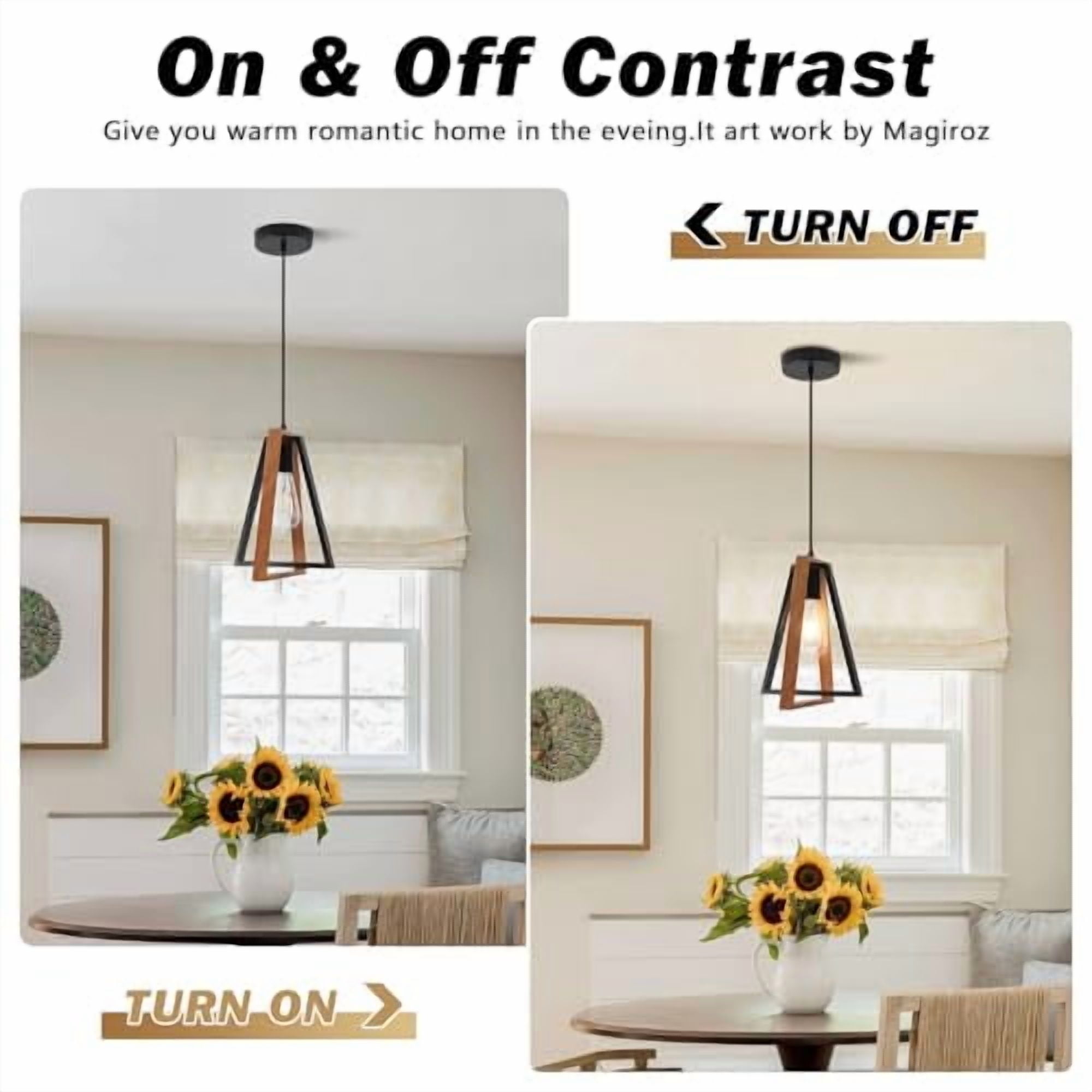 Farmhouse Rustic Wood Pendant Lights Kitchen Island Industrial Black Matte Pendant Lighting Adjustable Rustic Mini Wooden Hanging Light Fixtures for Dining Room Foyer Hallway MPL28