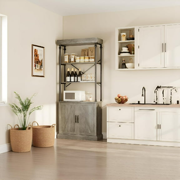 Industrial Farmhouse Bookcase with Doors - 74" Tall Wood & Metal Bookshelf with Storage Cabinet, Vintage Open Shelf Design for Living Room, Home Office, Bedroom, Library