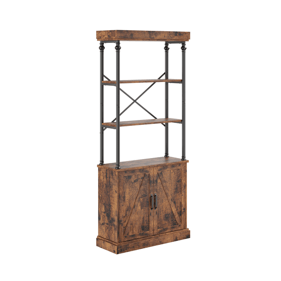 Industrial Farmhouse Bookcase with Doors - 74" Tall Wood & Metal Bookshelf with Storage Cabinet, Vintage Open Shelf Design for Living Room, Home Office, Bedroom, Library