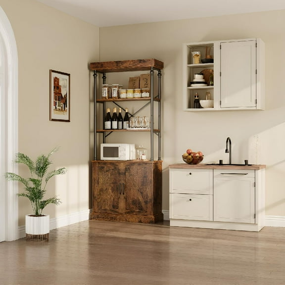 Industrial Farmhouse Bookcase with Doors - 74" Tall Wood & Metal Bookshelf with Storage Cabinet, Vintage Open Shelf Design for Living Room, Home Office, Bedroom, Library