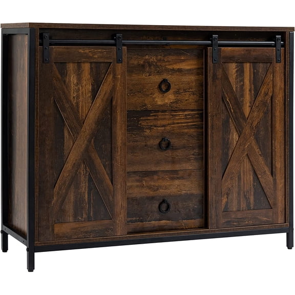Industrial Farmhouse Buffet Cabinet, Kitchen Sideboard with Sliding Barn Doors, Three Drawers and Adjustable Shelves for Living Room, Rustic Brown