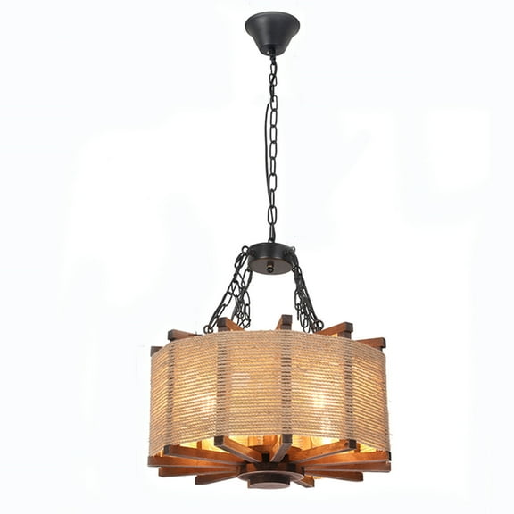 Industrial Farmhouse Chandelier Ceiling Light Fixture, 4-Light Rustic Natural Spinning Wheel Wood Hanging Pendant Light