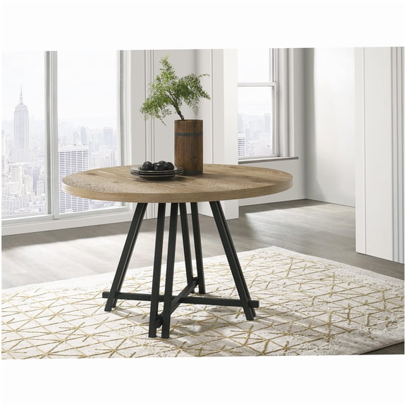 Industrial Farmhouse Dining Table, 47" Round Oak Finish Table with Metal Cross Base Legs