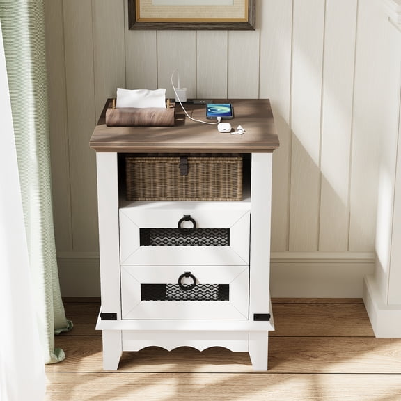 Industrial Farmhouse Nightstand with Charging Station - 18"  Table. 2 Drawers & Open Cubby. for Living Room & Bedroom