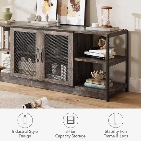 Industrial Farmhouse TV Console for 65+ Inch TVs – Deep Gray Media Stand with Mesh Doors, Storage Shelves, Metal Frame, 500 lbs Capacity, Fits PS5 & Gaming Systems
