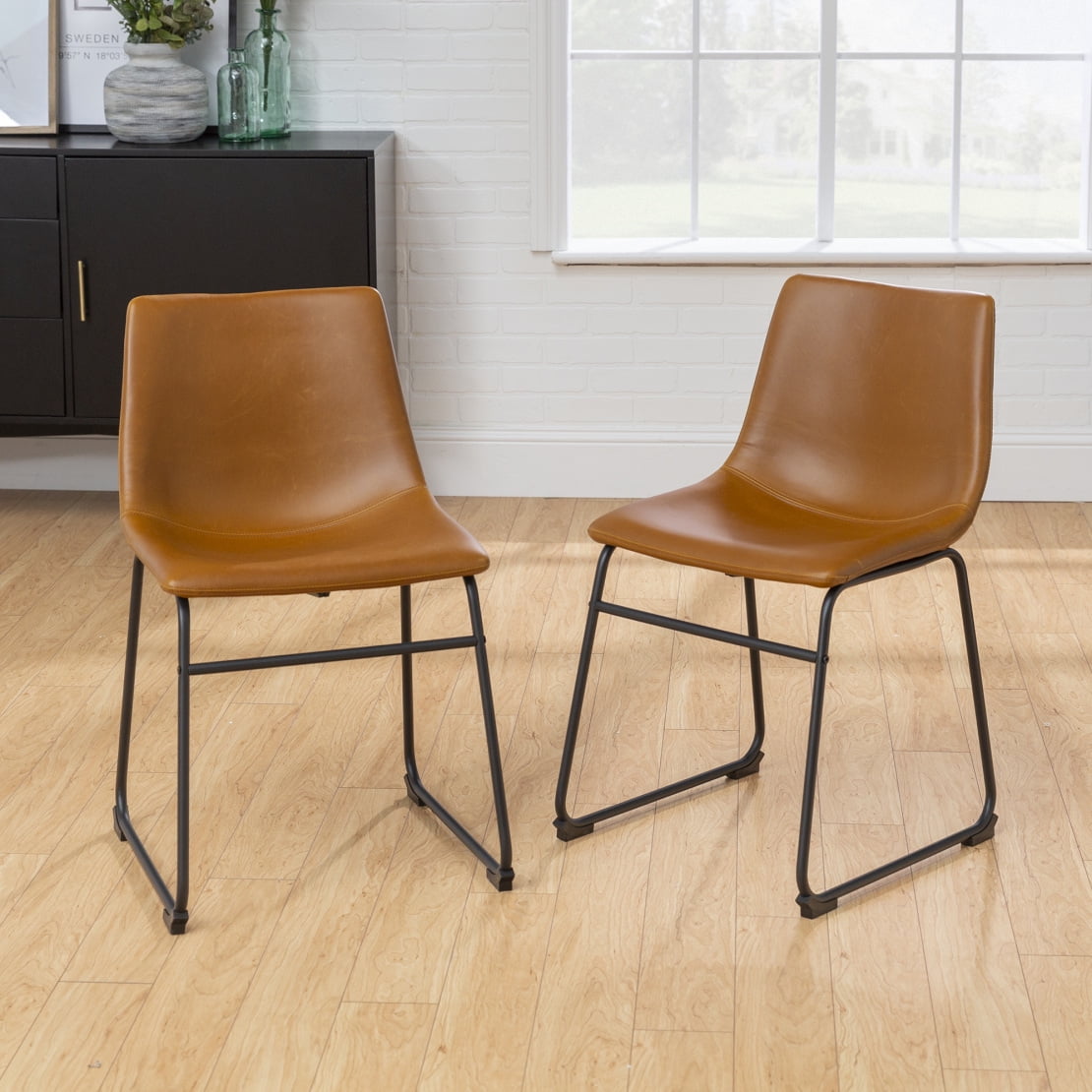 Industrial Faux Leather Dining Chairs Set of 2, Whiskey Brown Armless Dining Chairs, with Back& Black Metal Legs