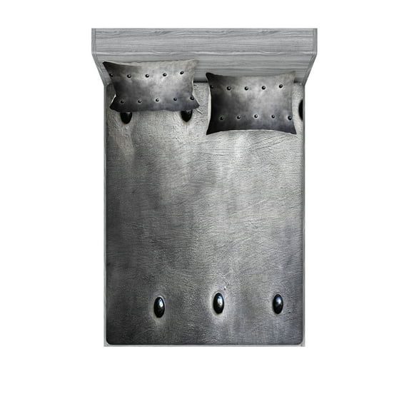 Industrial Fitted Sheet & Pillow Sham Set, Black Grunge Plate Armour Digital Print Rivets Vintage Theme Print, Decorative Printed 6 Piece Bedding Decor Set, King, Black Grey, by Ambesonne