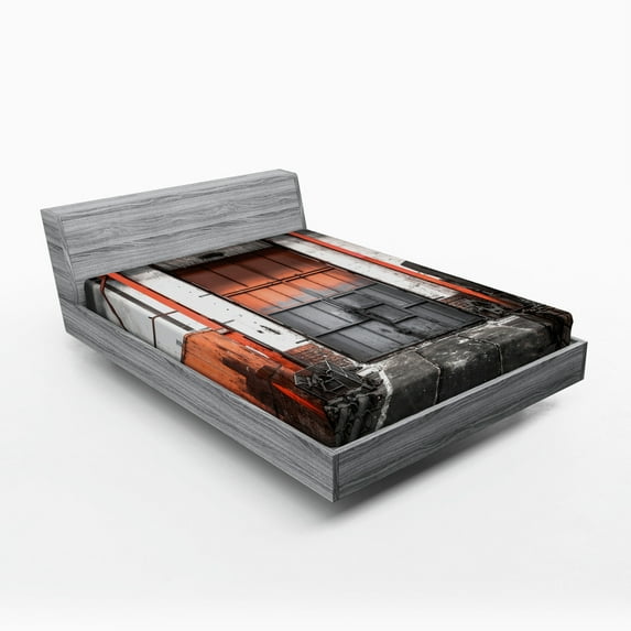 Ambesonne Industrial Fitted Sheet, Old Door Entrance Scene, Queen Size, Orange White and Grey