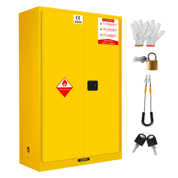 Industrial Flammable Safety Cabinet, 45 Gallon, Chemical Storage Cabinet, Galvanized Steel, Fire and Explosion Proof, Yellow, Lockable Doors