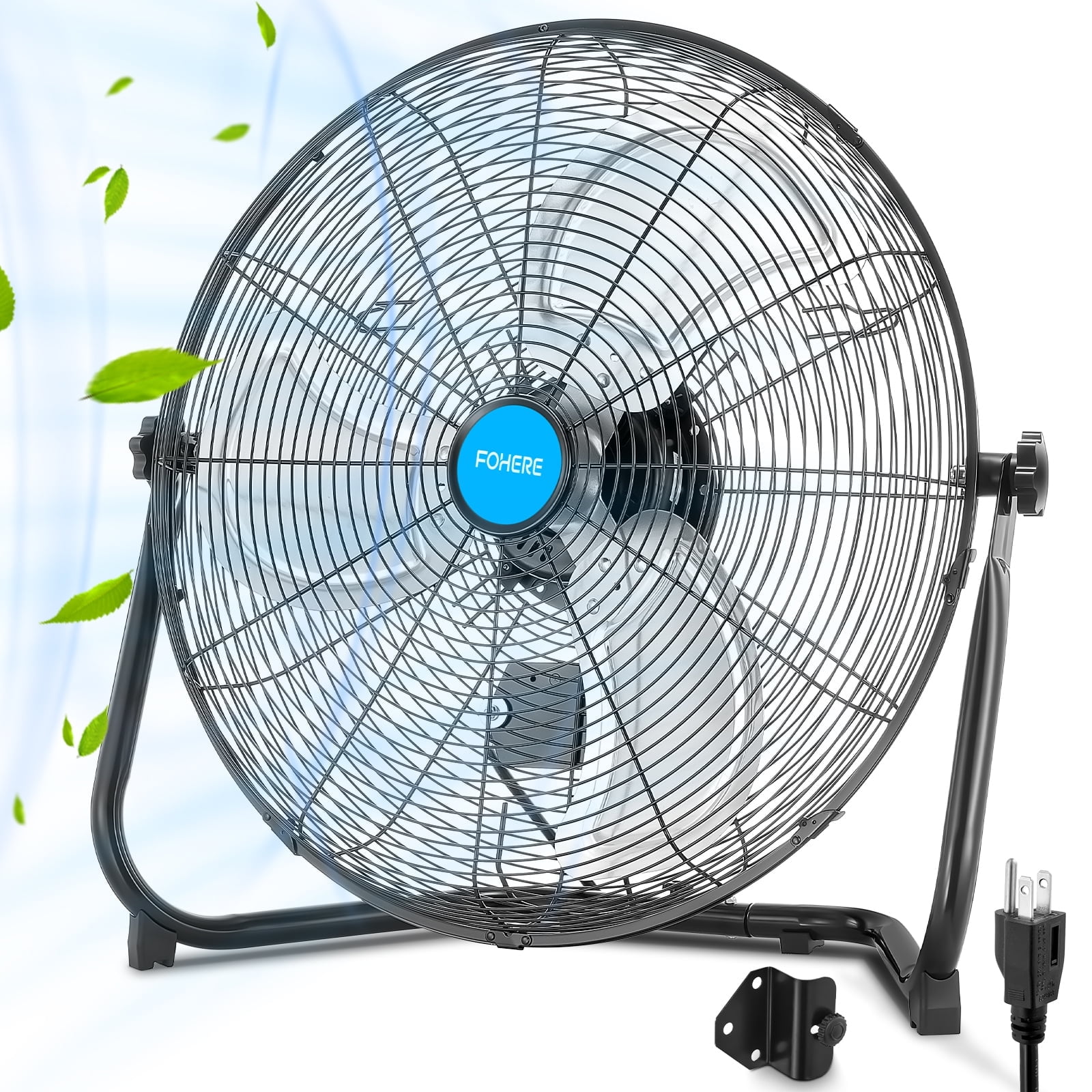 FOHERE 20" High Velocity Floor Fan, 3 Speeds, 360 Tilt Head, Heavy Duty Metal Fan for Industrial Commercial Warehouse Space Garage Gym Workshop Shop Factory Basement, Black