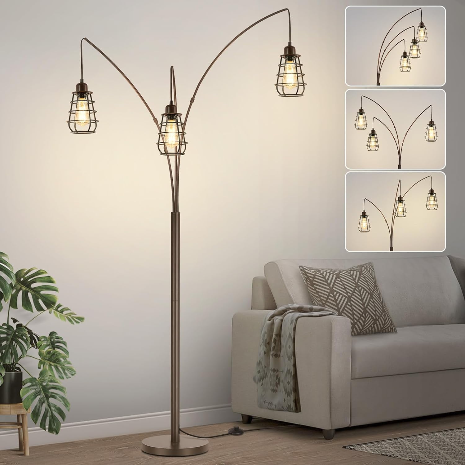 Industrial Floor Lamp, 3 Light Arc Floor Lamps for Living Room, 76 Inch ...