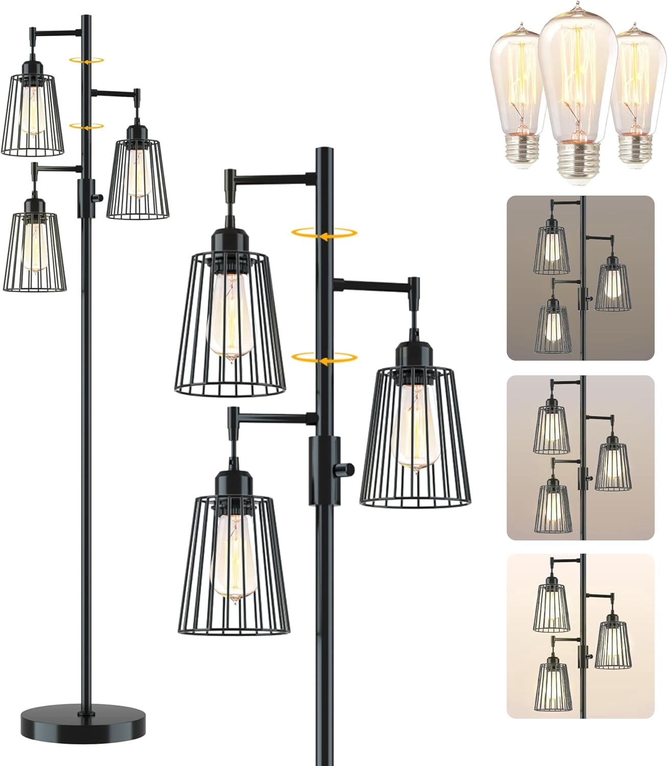 Industrial Floor Lamp, 3 x 1200LM Edison LED Bulbs Included, Bright 3 ...