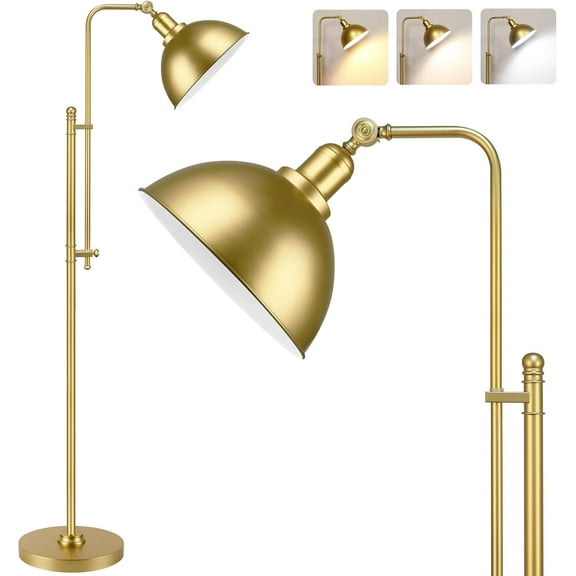 Industrial Floor Lamp Adjustable, Rustic Farmhouse Reading Lamp in Aged Gold Finish, Modern Standing Lamp with Remote Control Metal Shade for Living Room Bedroom Study Room Office Hotel