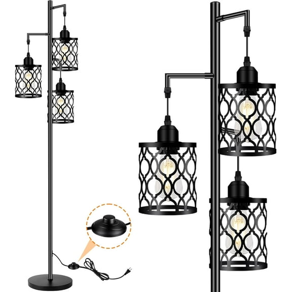 A house of tools  Metal Farmhouse Floor Lamp for Living Room, Rustic Standing Tall Lamps with 3 Elegant Cage Heads, Tree Floor Lamps for Bedrooms, Home Office, Bar, 68", Black, Bulb Not Included