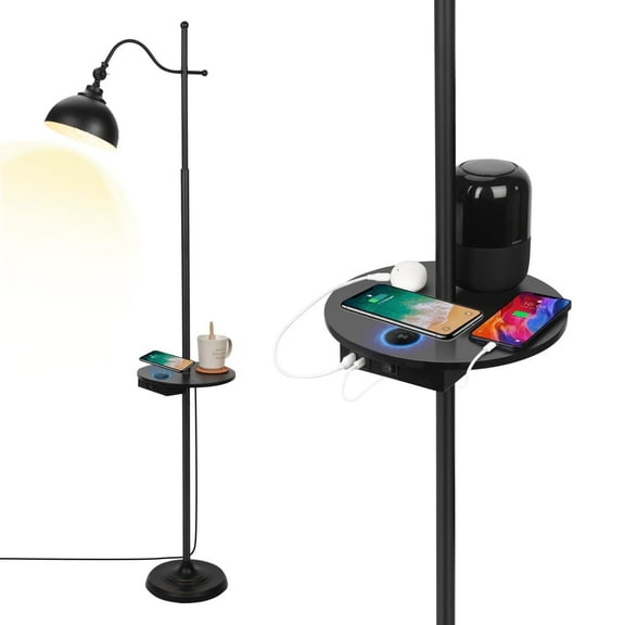 Industrial Floor Lamp Tray Floor Lamps with USB Wireless Charging Port ＆ Charging Outlet Standing Lamp Rustic Farmhouse Reading Lamps for Bedroom Living Room Office