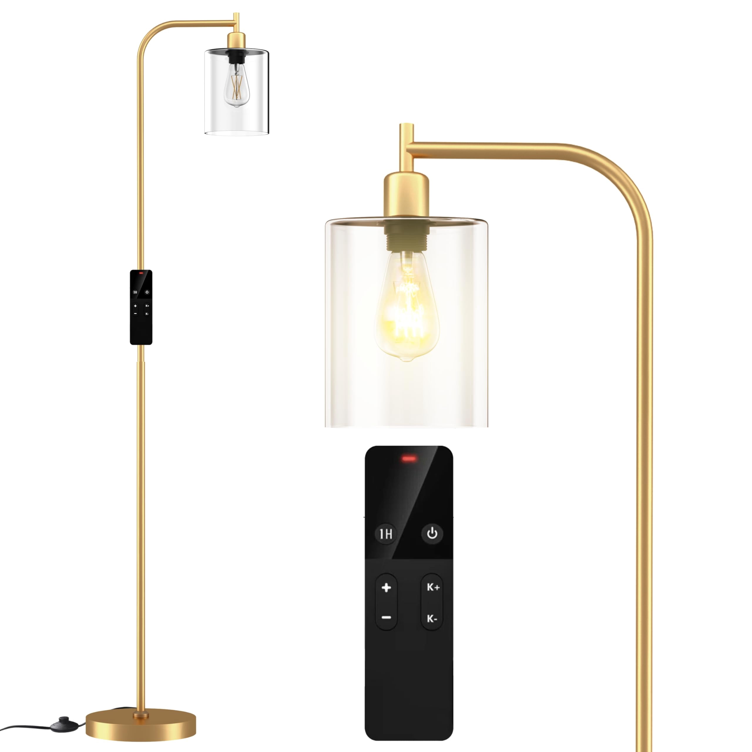 Industrial Floor Lamp With Glass Shade  Modern Dimmable Remote Led Bulbs Tall For Living Room Corner Bedroom Office (gold)