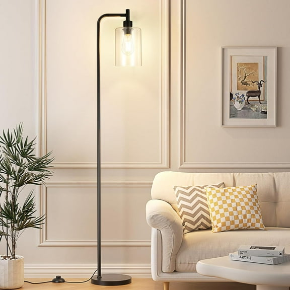 Industrial Floor Lamp with Glass Shade - , LED Bulbs, Foot Pedal Switch, Easy Assembly