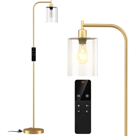 Industrial Floor Lamp with Glass Shade, Modern Dimmable Floor lamp with Remote LED Bulbs, Tall Lamp for Living Room Corner, Bedroom, Office (Gold)