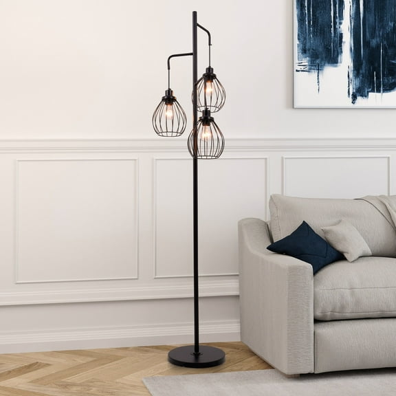 Industrial Floor Lamp with Triple Birdcage Shades - Matte Black Wrought Iron Body & 11" Base Plate | E26 x3 Socket for Living Room 70.9"H