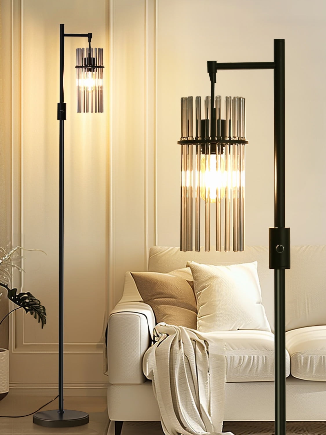 Industrial Floor Lamps for Living Room, Dimmable Floor Lamp Modern Standing Lamps with Glass Lampshade, Rotary Switch, LED Bulbs, Tall Lamps for Bedroom, Office (1 Lampshade