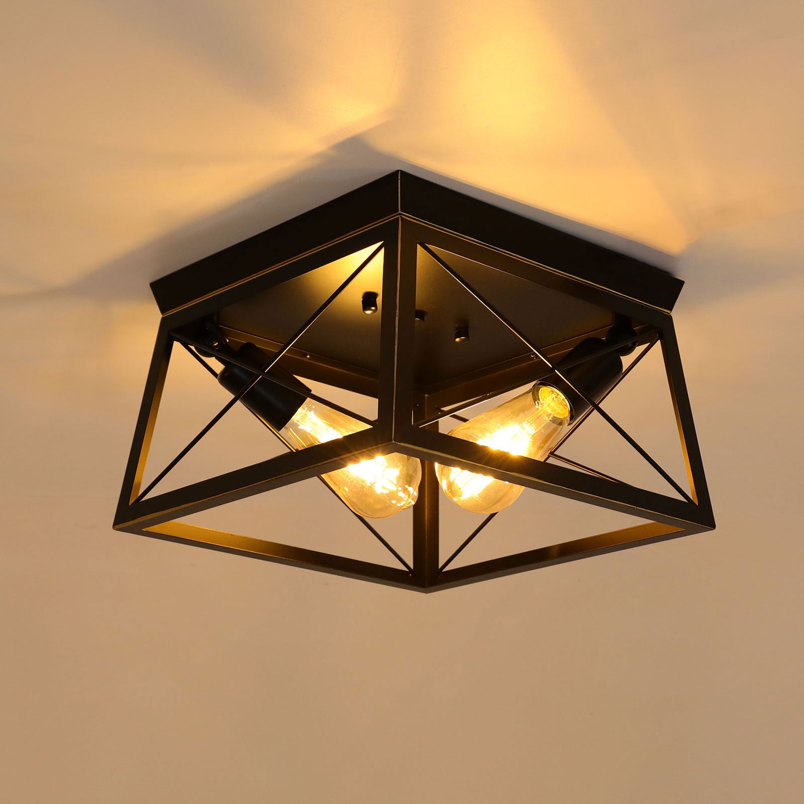 Industrial Flush Mount Ceiling Light Fixture, Ceiling Light 2-Light Close to Ceiling Lamp Metal Housing Farmhouse Square Flush Light Fixture for Hallway Bedroom