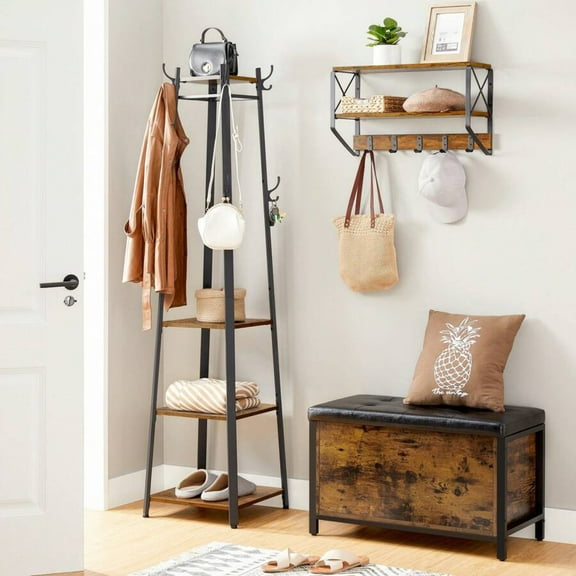 Industrial Free Standing Coat Rack with 3 Shelves & Hooks - Steel Frame for Entryway, Living Room