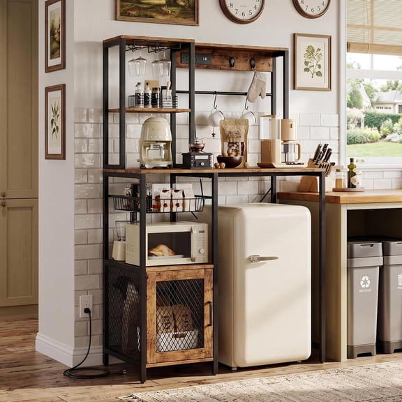 Industrial Freestanding Kitchen Shelf with Refrigerator Compartment, Rustic Brown Bakers Rack with Power Outlet, Microwave Stand for Pantry and Living Room (33.9"x19.7"x58.1")