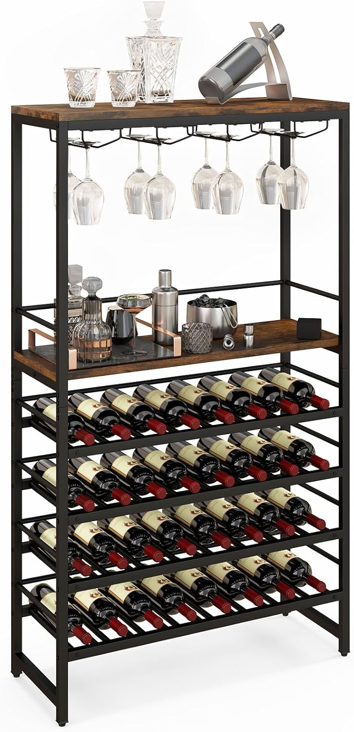 Industrial Freestanding Wine Rack for 32 Wine Bottles & 16 Wine Glasses, Floor Wine Rack w/ 4