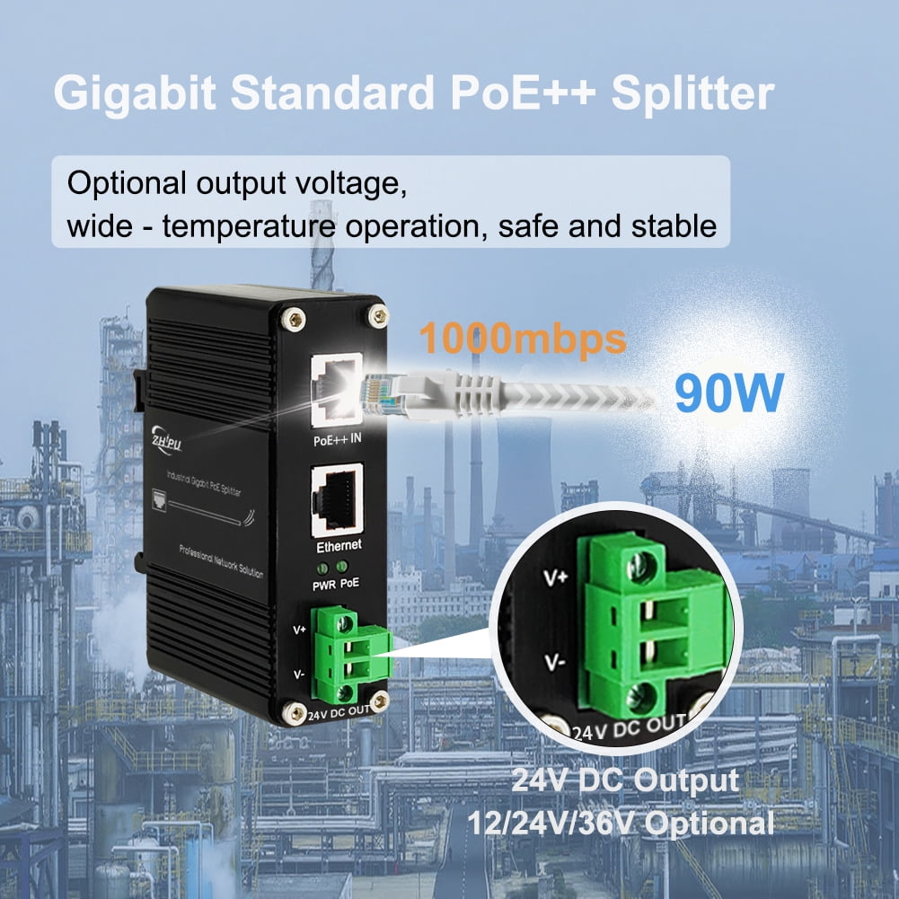 Industrial Gigabit 95W PoE++ Splitter IEEE802.3at/af/bt 24V DC Output ...