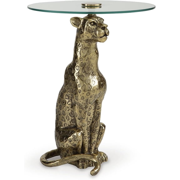 Industrial Glass Tabletop Accent Table with Leopard Base, Metallic & Glass