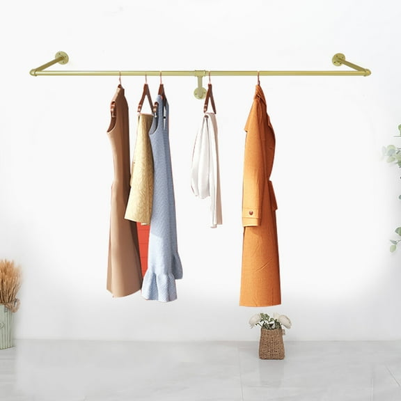 Industrial Gold Wall-Mounted Clothes Rack with Pipe Hanging Pole Durable Metal Shelves for Home, Store & Wedding Display, 120cm Length