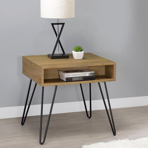 Industrial Golden Oak And Black End Table With Hairpin Base Storage Coffee & Rustic Appeal Space