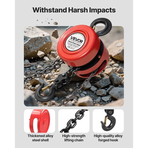 Industrial Grade 2 Ton Hand Operated Chain Hoist | 10ft Lifting Height | Corrosion-Resistant G70 Galvanized Chain | Red Finish