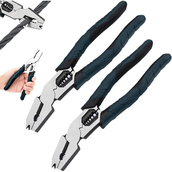 Industrial-Grade Multi-Function Cutting Pliers, 9-in-1 High-Leverage Compound Action Wire Cutter, Stripper and Crimper, Heavy Duty Cr-V Steel Tool for Electrical, Automotive or DIY (2pcs)