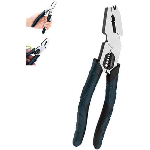 Industrial-Grade Multi-Function Cutting Pliers, 9-in-1 Multi-Functional Pliers with Compound Action Leverage Design for Heavy-Duty Cutting, Pulling, Stripping, and Crimping Tasks