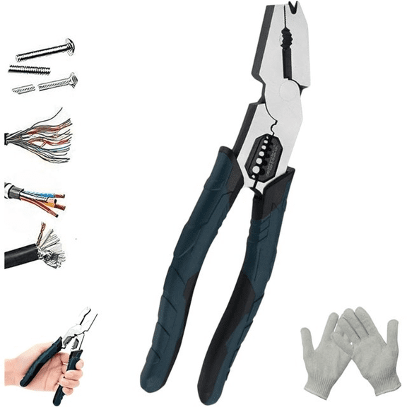 Industrial-Grade Multi-Function Cutting Pliers, Heavy-Duty Multi-Functional Pliers Nail Puller/Wire Cutter/Stripper/Crimper Compound Action Leverage Design Industrial Chromium-Vanadium Steel Plier