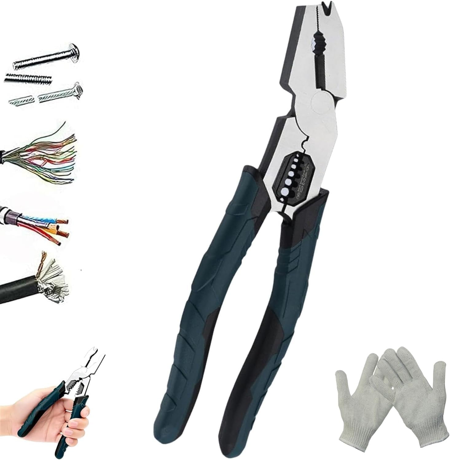Industrial-Grade Multi-Function Cutting Pliers, Heavy-Duty Multi-Functional Pliers Nail Puller/Wire Cutter/Stripper/Crimper Compound Action Leverage Design Industrial Chromium-Vanadium Steel Plier