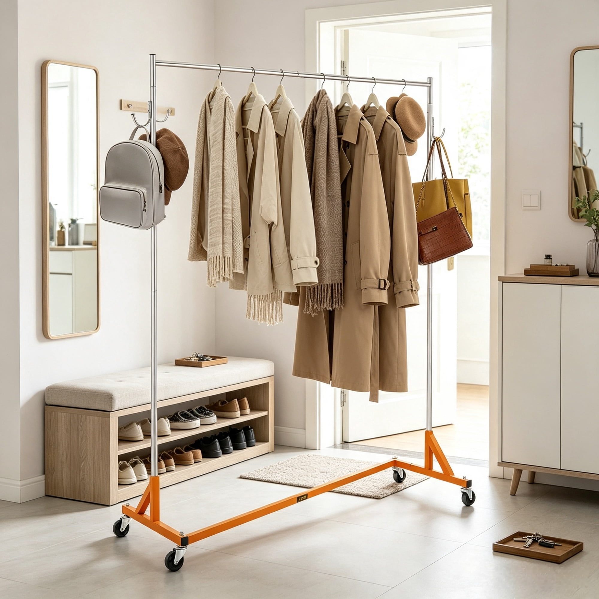 Industrial Grade Z Base Garment Rack, Heavy Duty Clothing Rack with Lockable Casters, for Home, Garment Store Display & Commercial Use, Orange