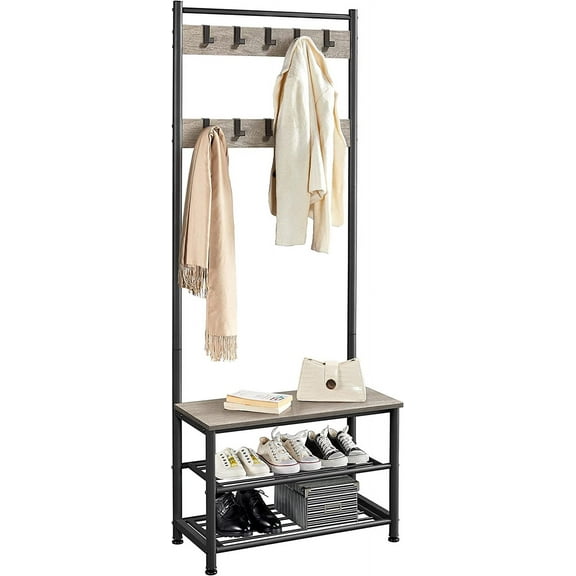 Industrial Gray 3-In-1 Hall Tree Coat Rack Shoe Bench: Versatile Entryway Furniture, Easy Assembly, Stylish Metal Frame