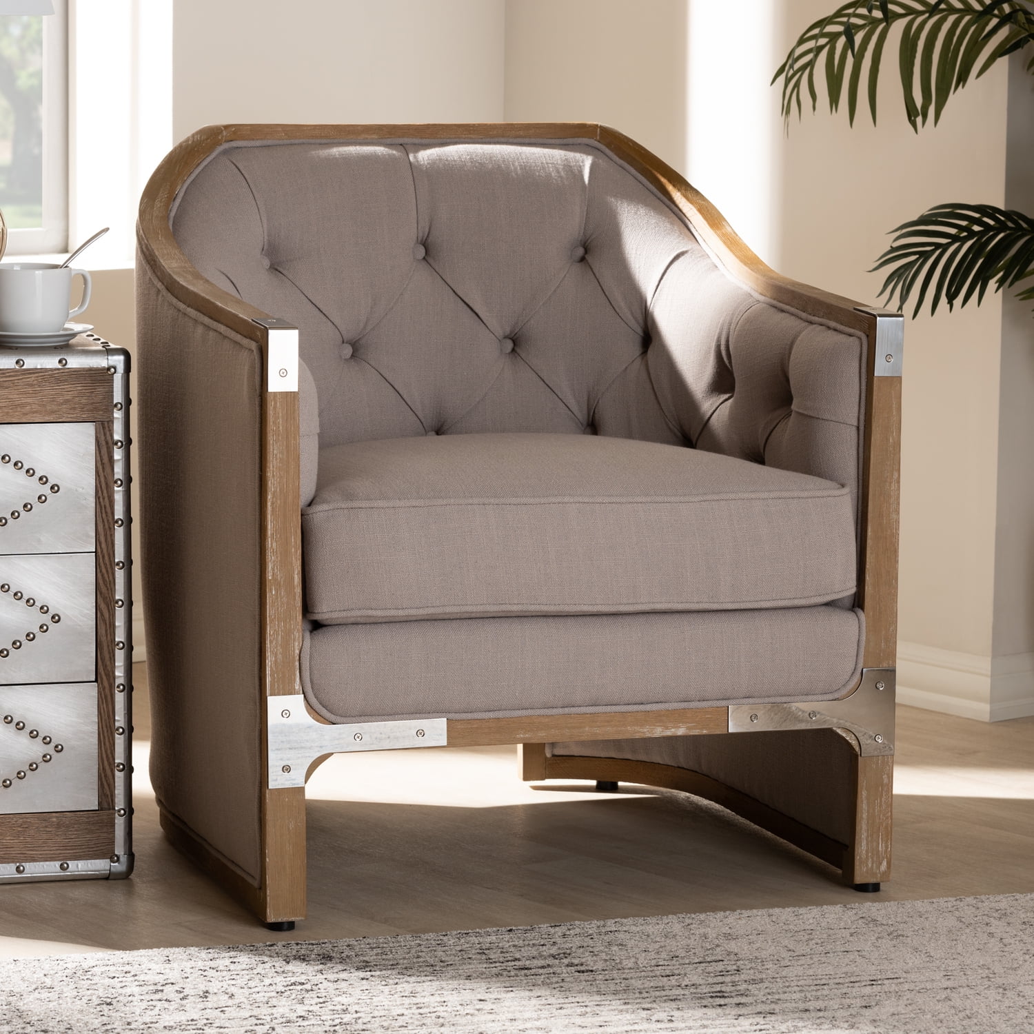 Beige Linen and Oak Barrel Accent Chair