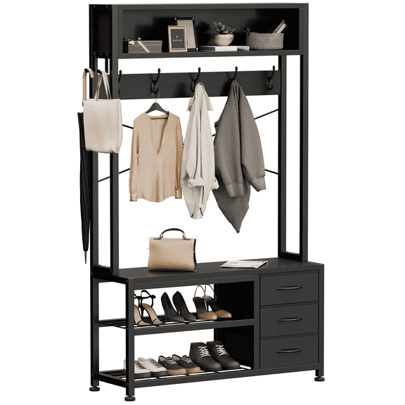 Laintene Hall Tree with Bench – 5-in-1 Entryway Shoe Rack with 7 Hooks, 3 Drawers & Shoe Storage, Heavy-Duty Coat Rack for Industrial Hallway, Living Room, Black