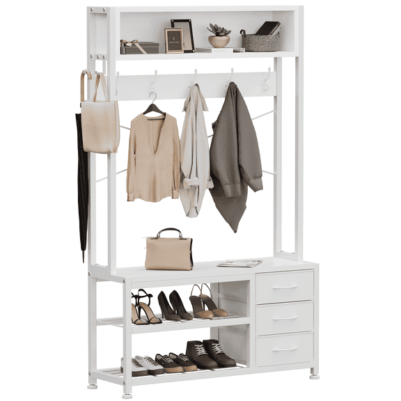 Laintene Hall Tree with Bench – 5-in-1 Entryway Shoe Rack with 7 Hooks, 3 Drawers & Shoe Storage, Heavy-Duty Coat Rack for Industrial Hallway, Living Room, White