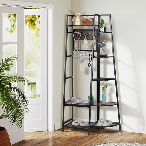 Industrial Hall Tree with Shoe Storage, Freestanding Entryway Storage Rack Organizer with Hooks, Rustic Brown